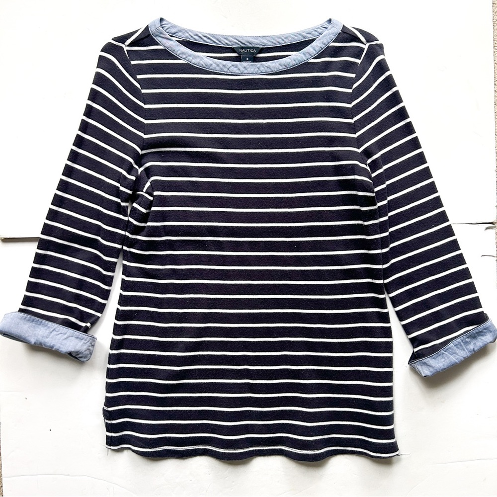 Nautica navy and white striped top, preppy & nautical, size S
